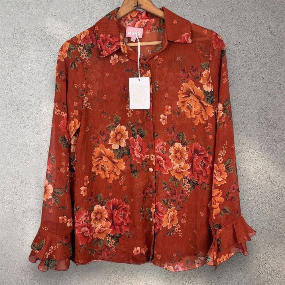 Show Me Your MuMu Carmela Top Blouse Floral Orange Relaxed Chiffon Ruffle Sz S - Picture 4 of 9